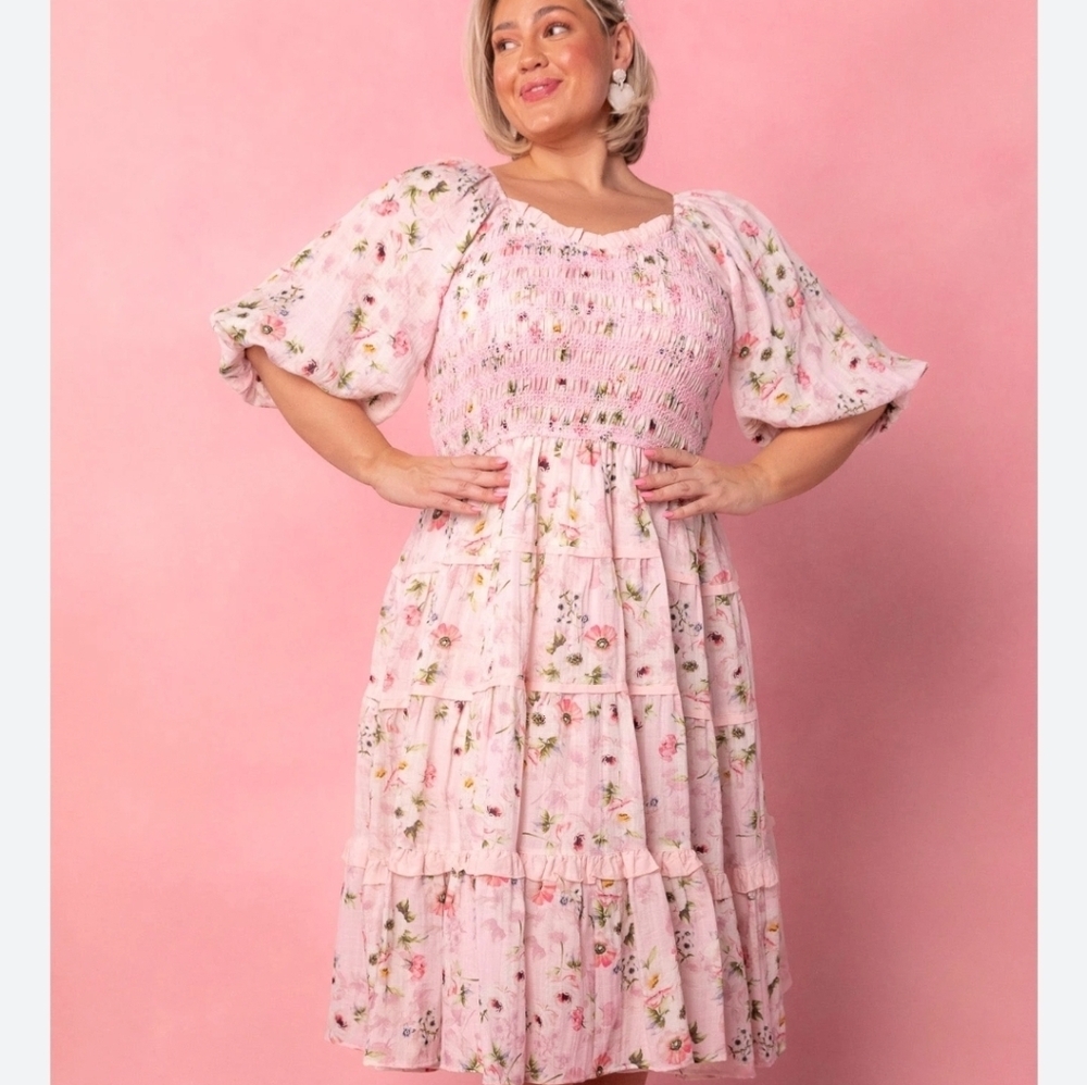 Ivy City Co Roselyn In Pink Floral 2X Smocked Cottagecore Dress